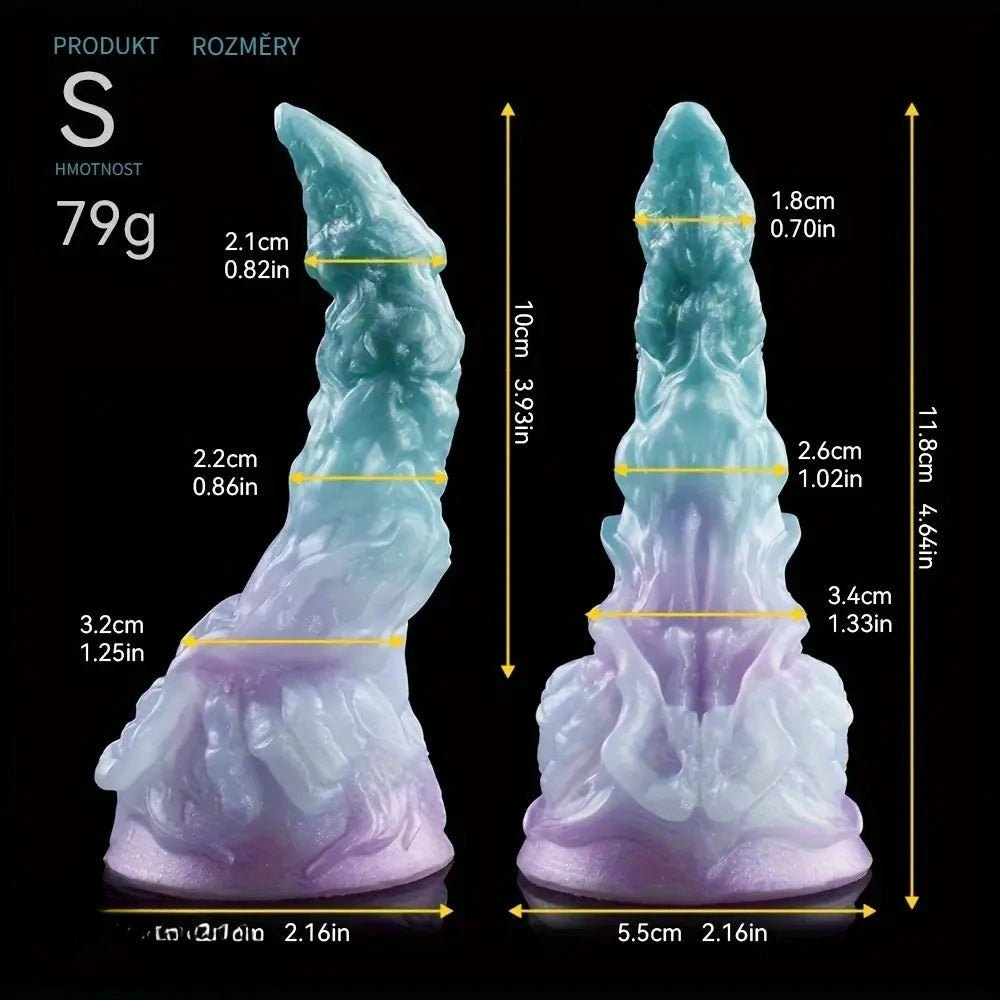 Curved silicone fantasy dildo in teal to purple gradient, photo 14