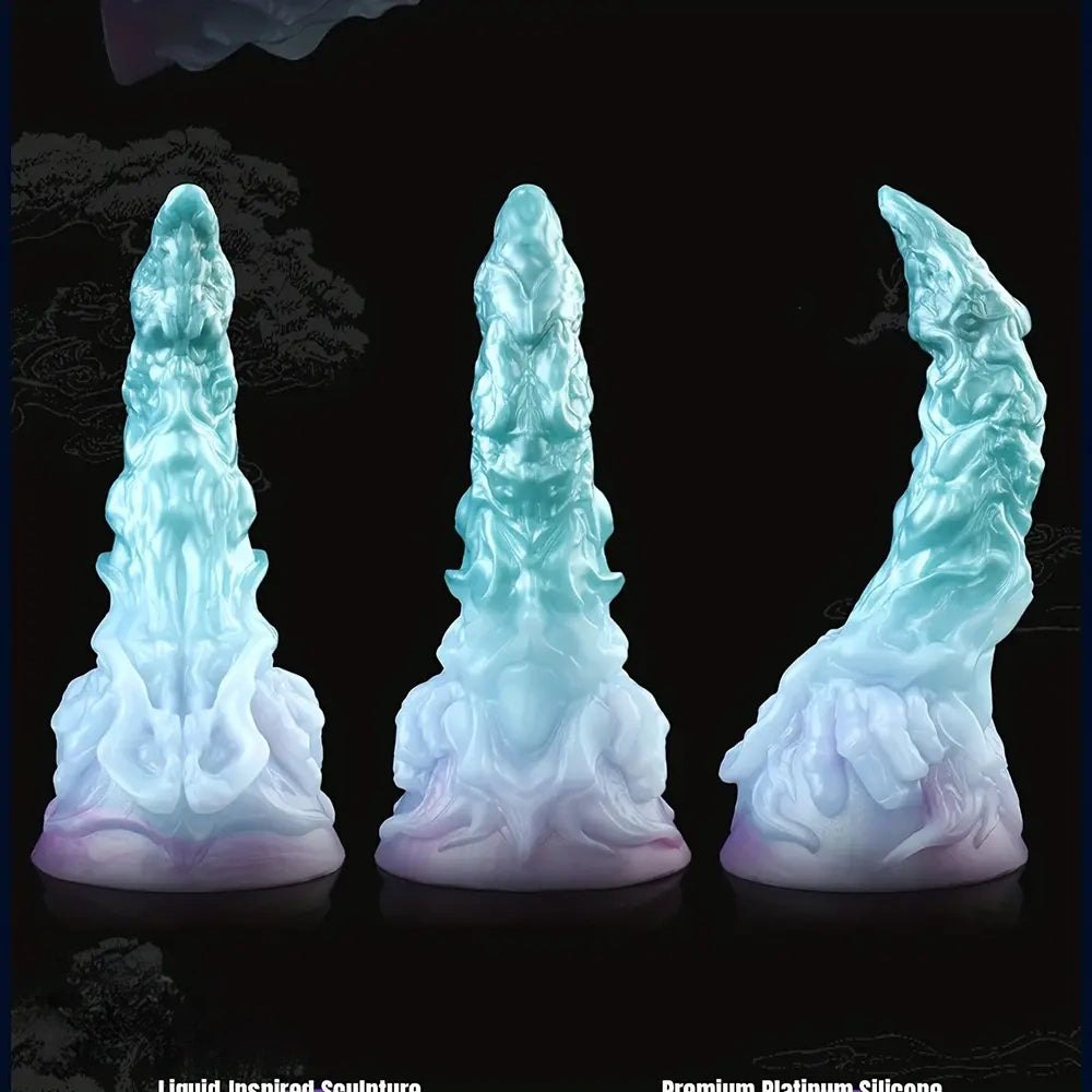 Curved silicone fantasy dildo in teal to purple gradient, photo 2