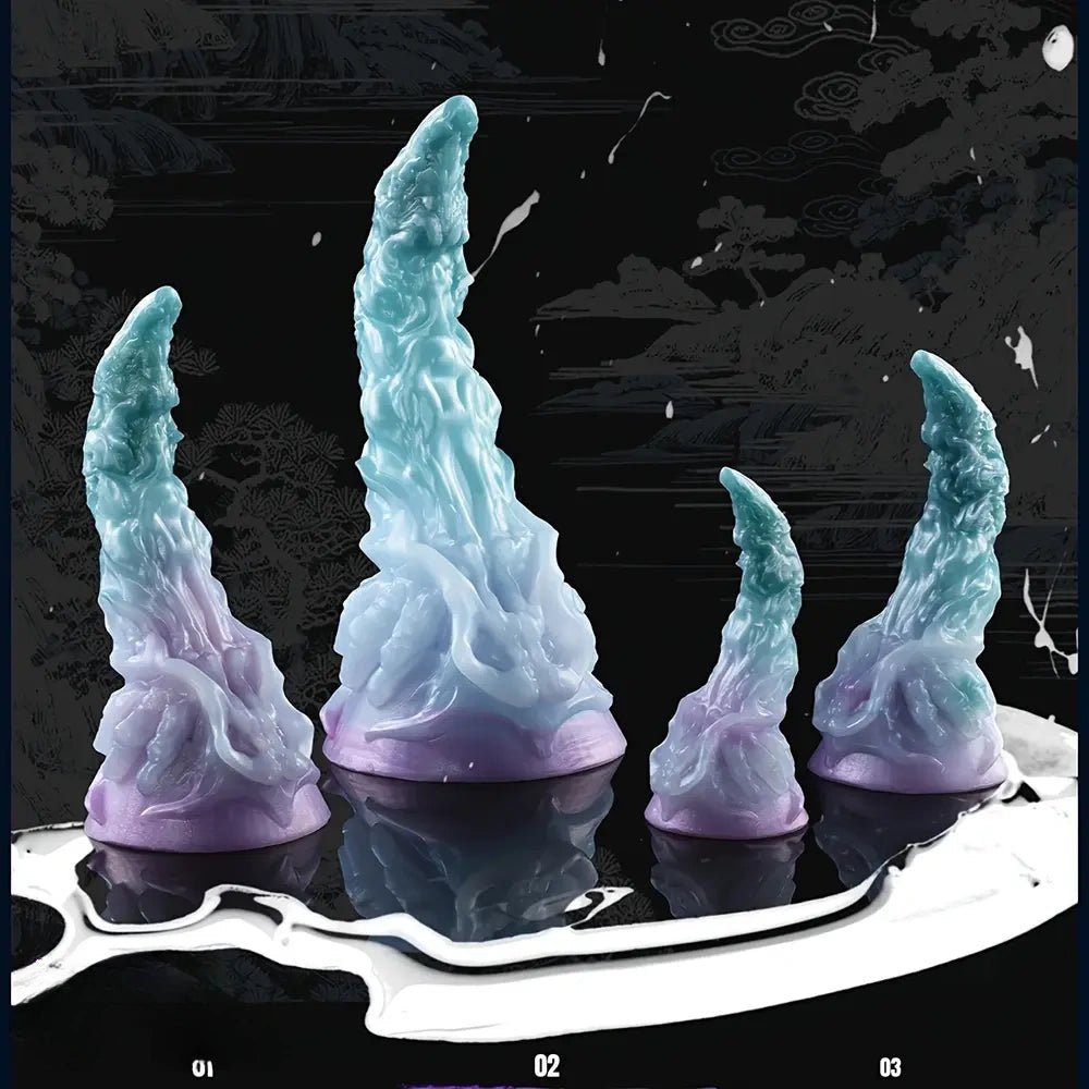 Curved silicone fantasy dildo in teal to purple gradient, photo 3