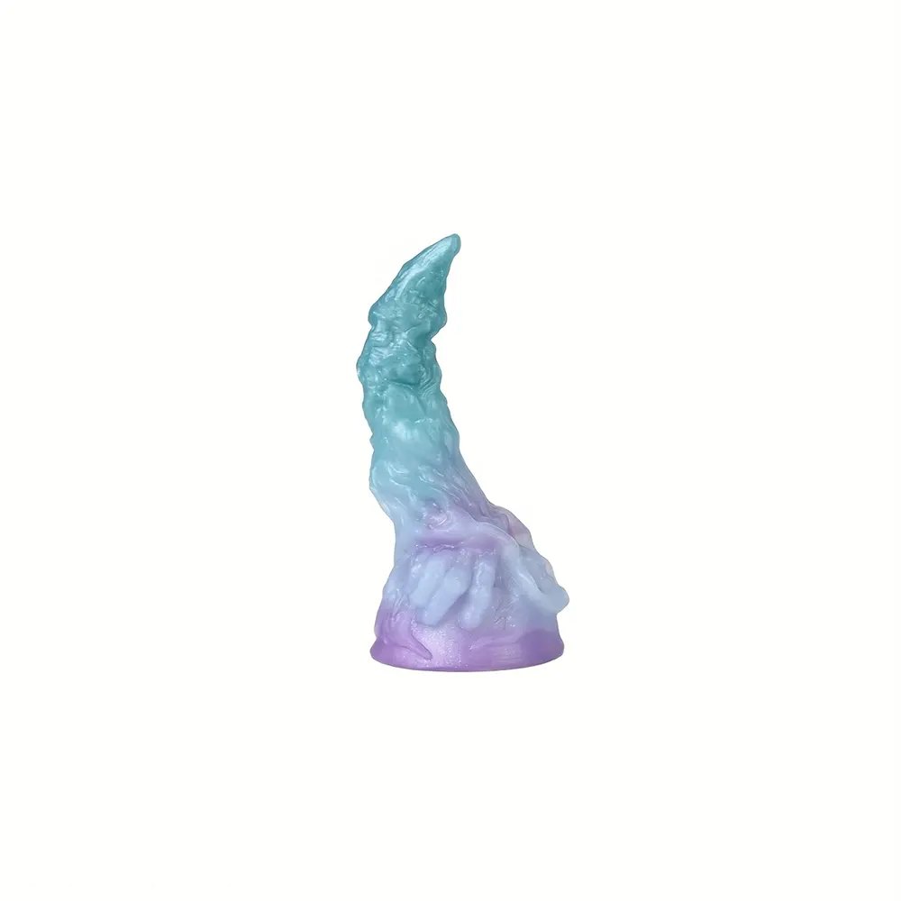 Curved silicone fantasy dildo in teal to purple gradient, photo 4