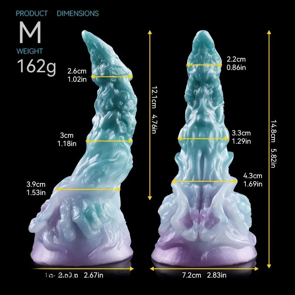 Curved silicone fantasy dildo in teal to purple gradient, photo 5