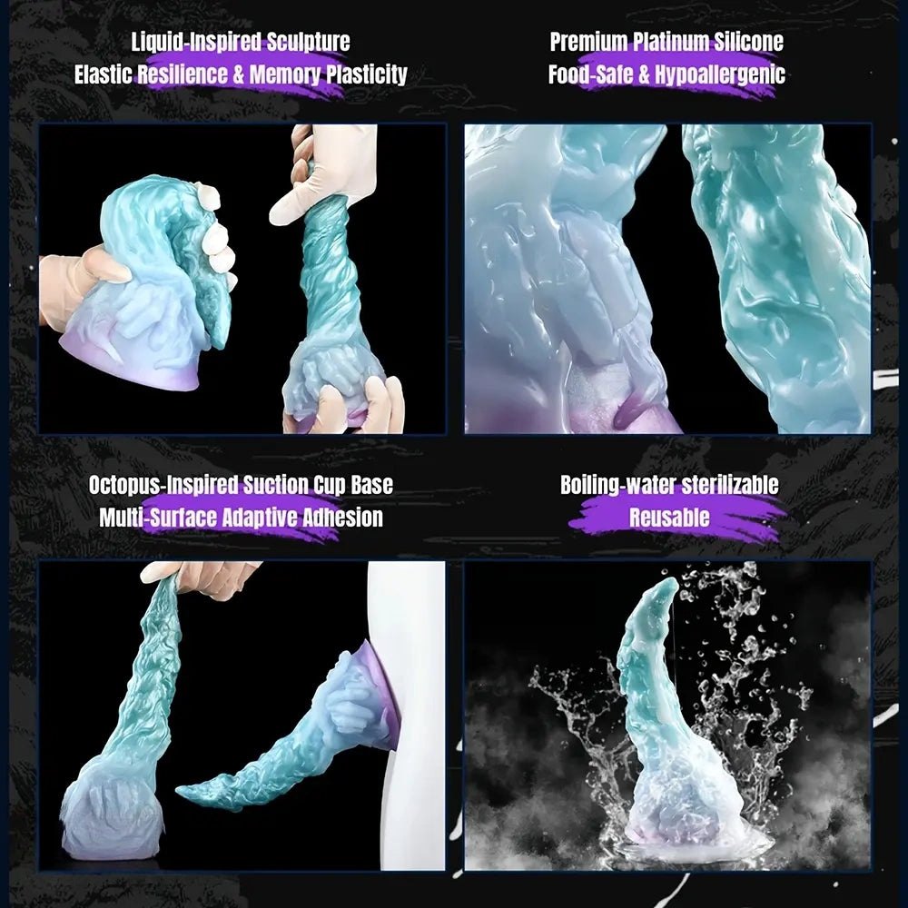 Curved silicone fantasy dildo in teal to purple gradient, photo 6