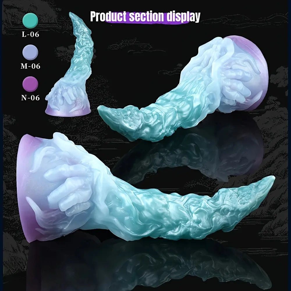 Curved silicone fantasy dildo in teal to purple gradient, photo 7