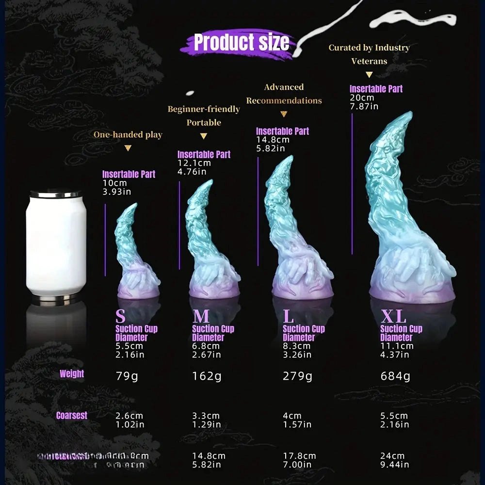 Curved silicone fantasy dildo in teal to purple gradient, photo 8