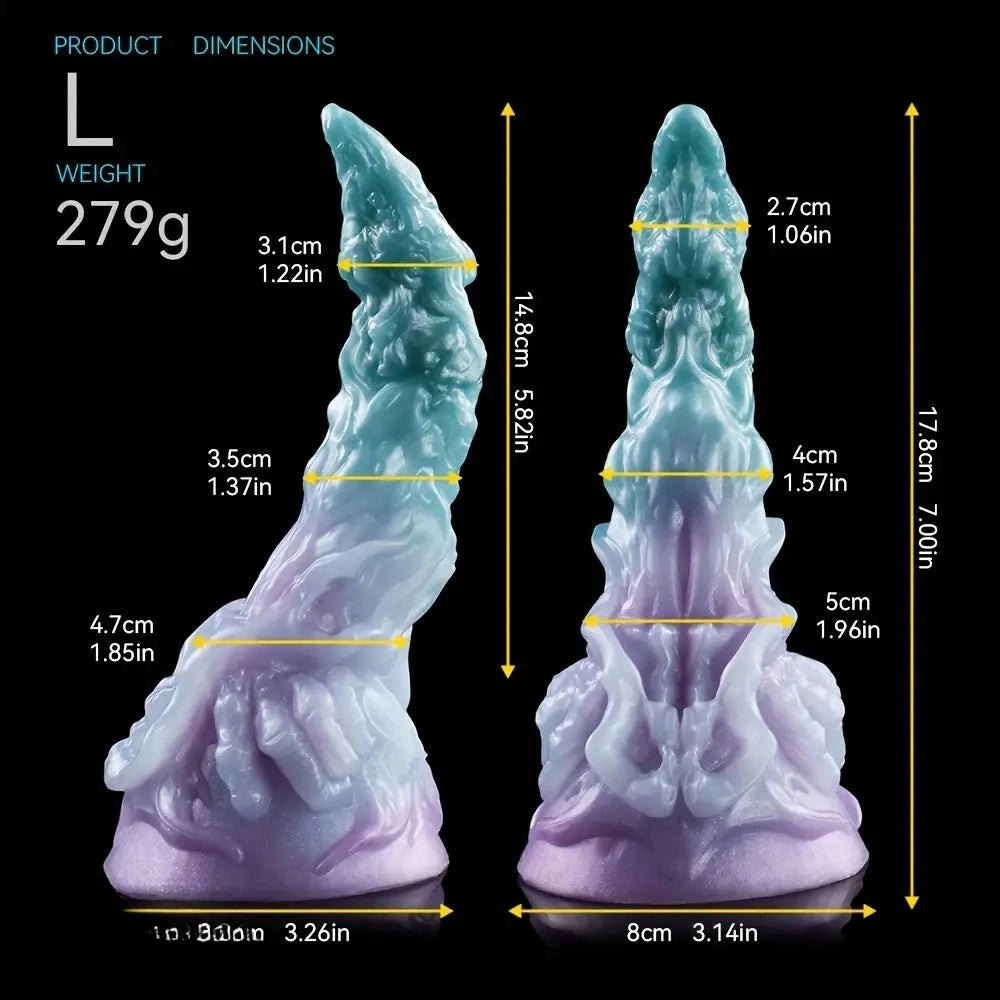 Curved silicone fantasy dildo in teal to purple gradient, photo 9
