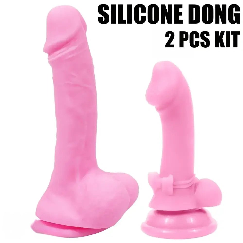 Pink curved silicone G-spot dildo duo with suction cup bases