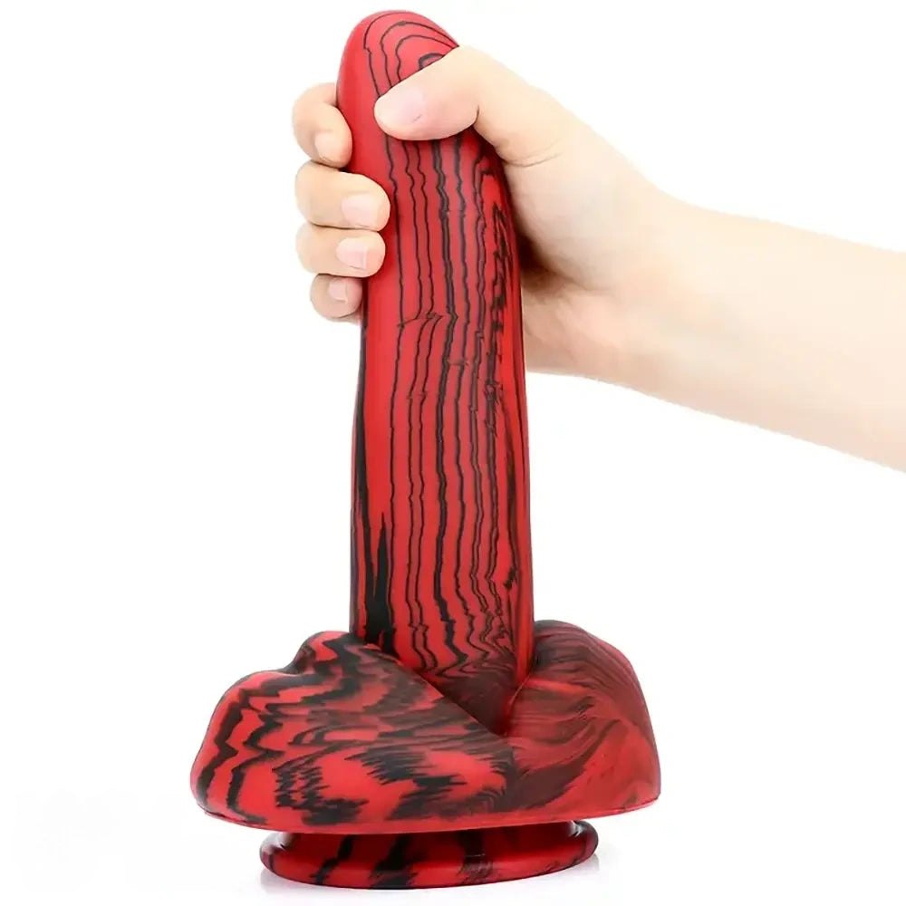 Red and black marbled silicone curved g-spot dildo, photo 1