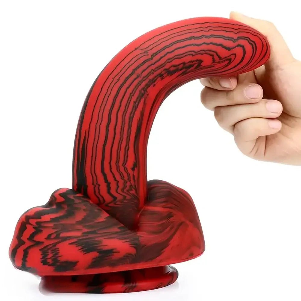 Red and black marbled silicone curved g-spot dildo, photo 3
