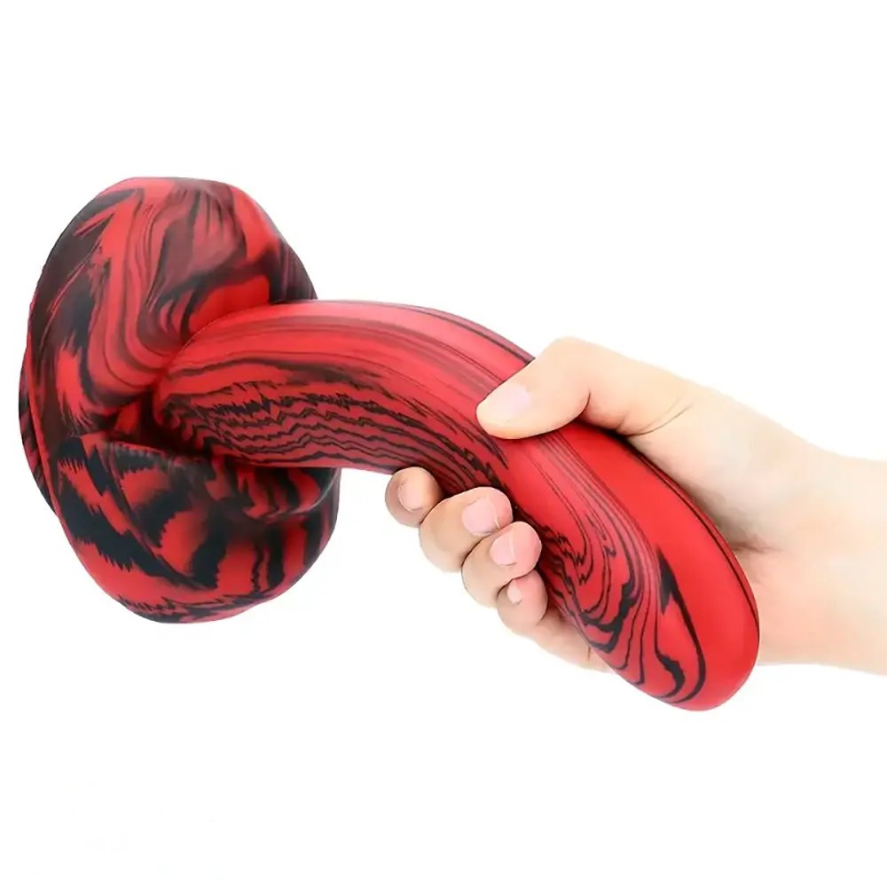 Red and black marbled silicone curved g-spot dildo, photo 6