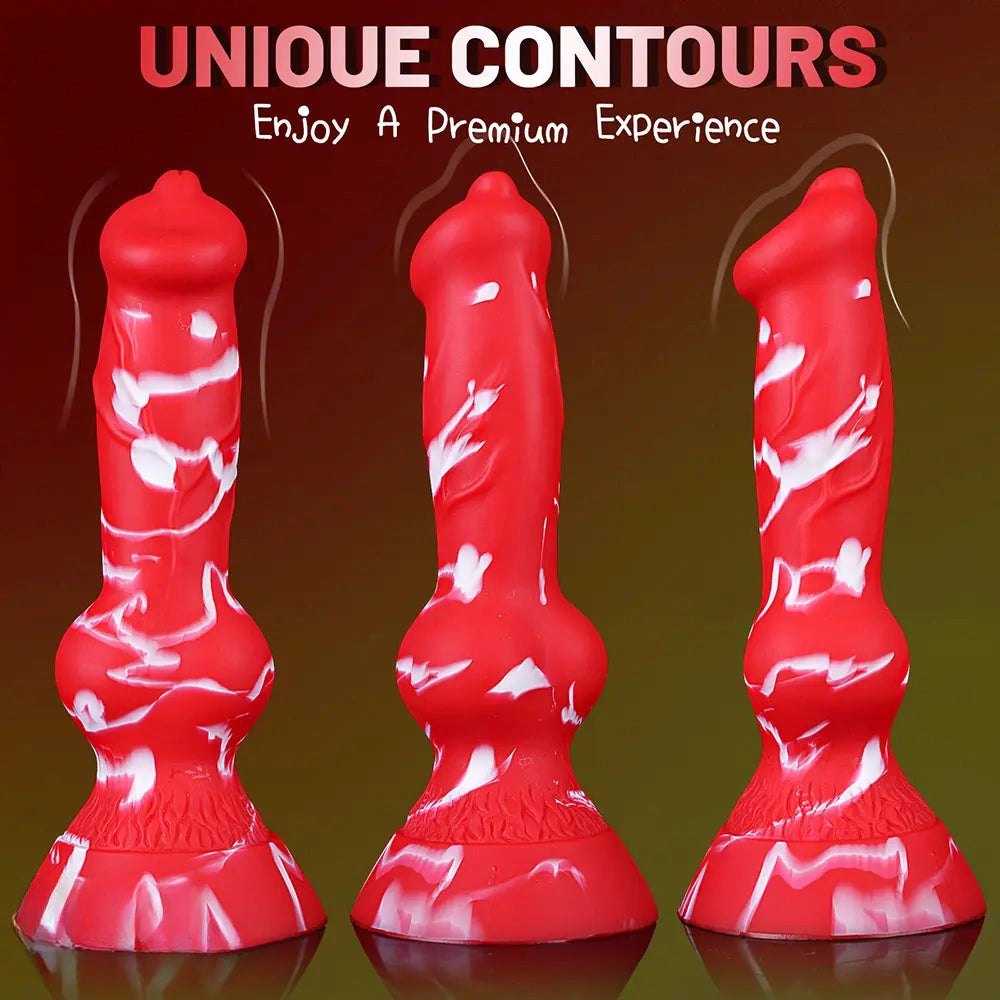 Red and white marbled silicone knot dildo, photo 1