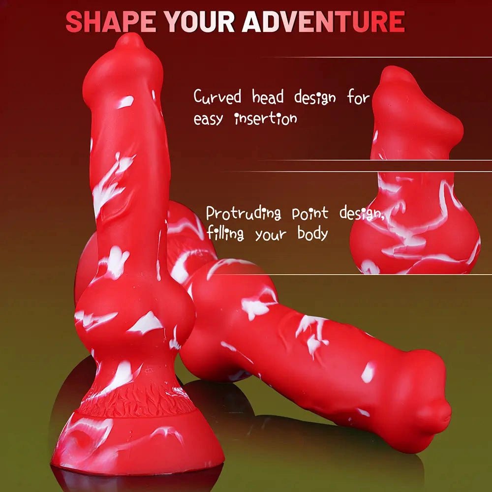Red and white marbled silicone knot dildo, photo 3