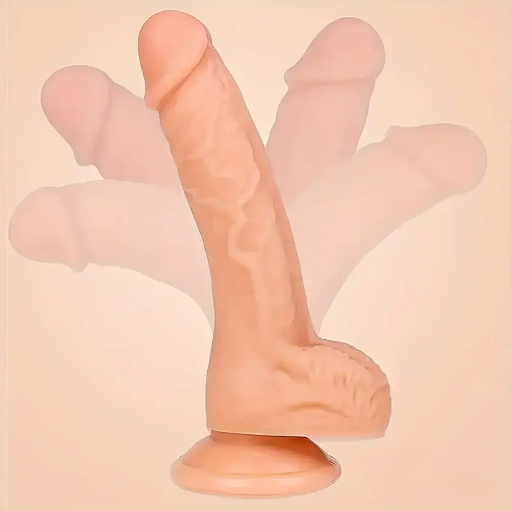 Flesh tone curved PVC realistic dildo with balls, photo 1