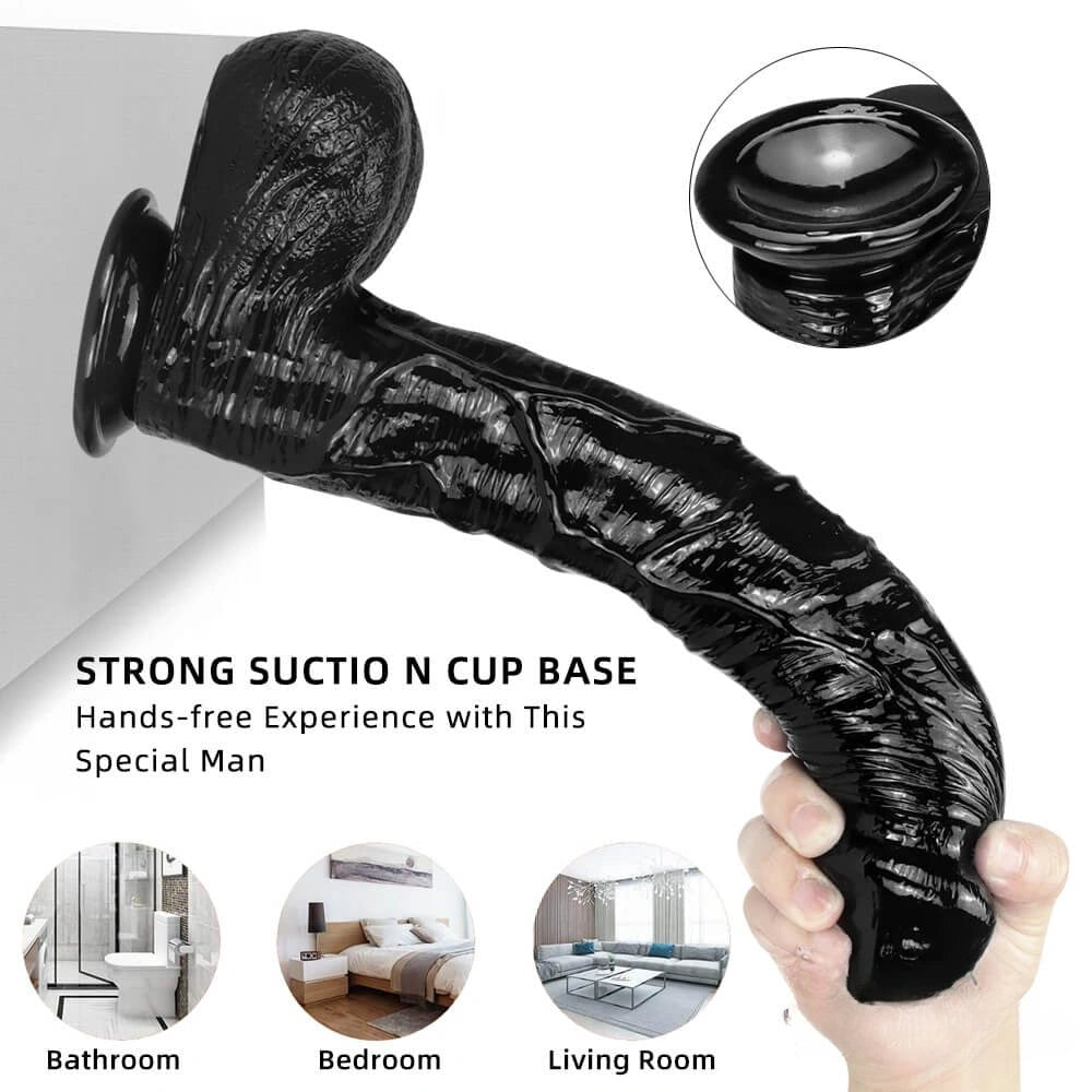 Black realistic curved dildo with suction cup base, photo 3