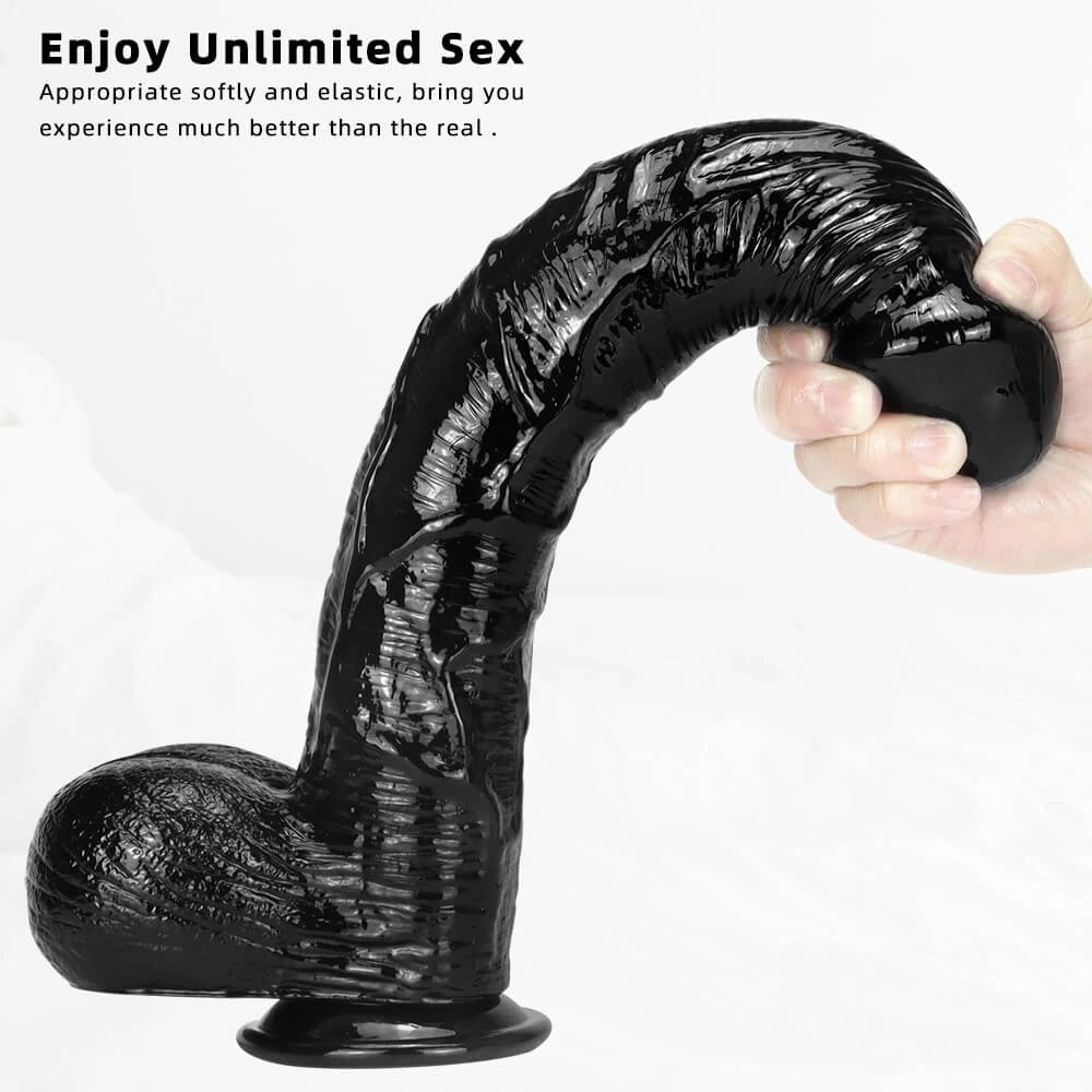 Black realistic curved dildo with suction cup base, photo 5