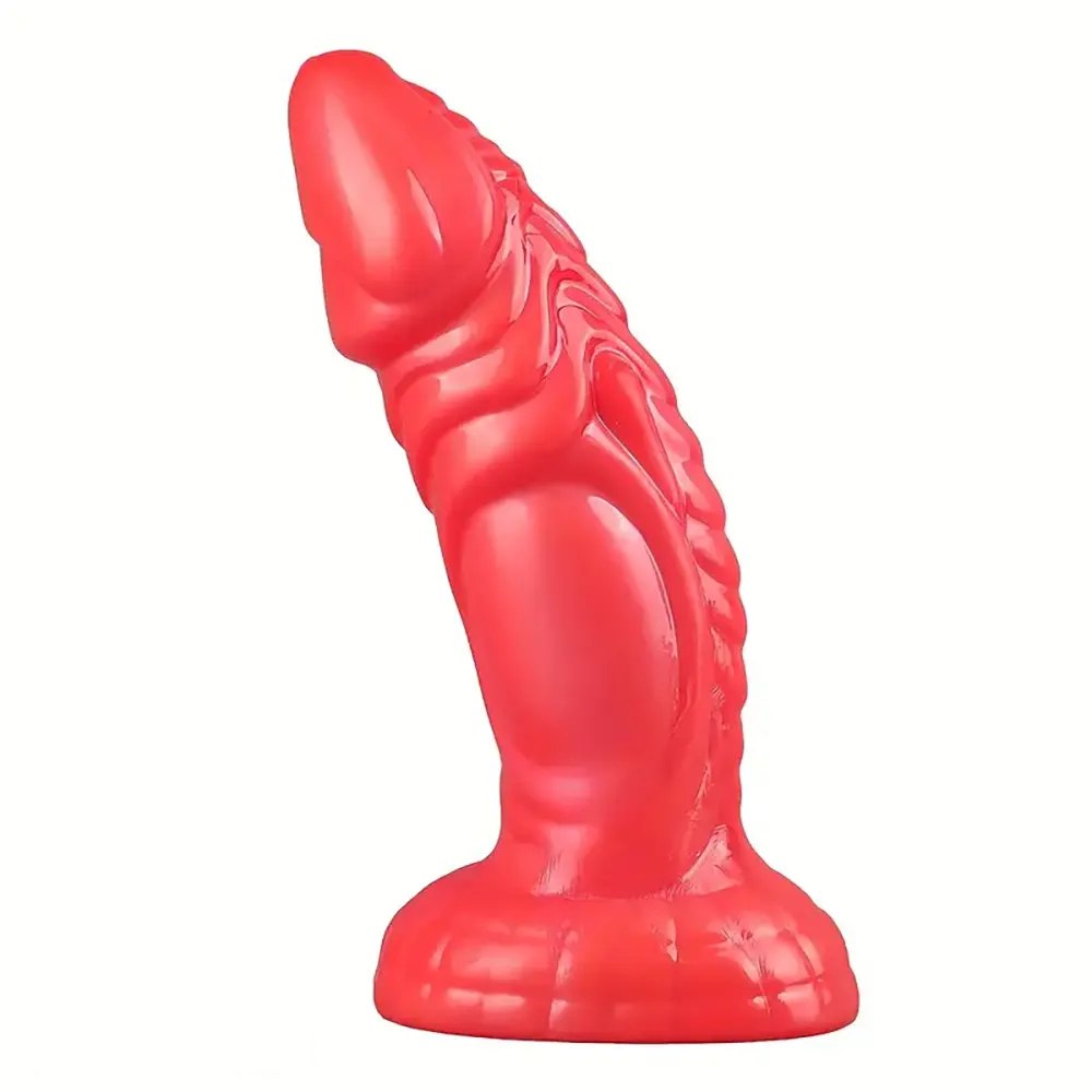 Red ridged curved fantasy tpe dildo