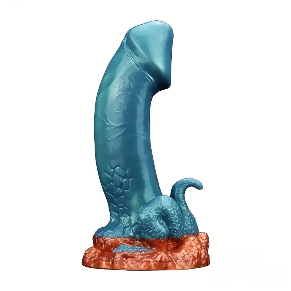 Teal blue scaled dragon fantasy dildo with orange base, photo 1