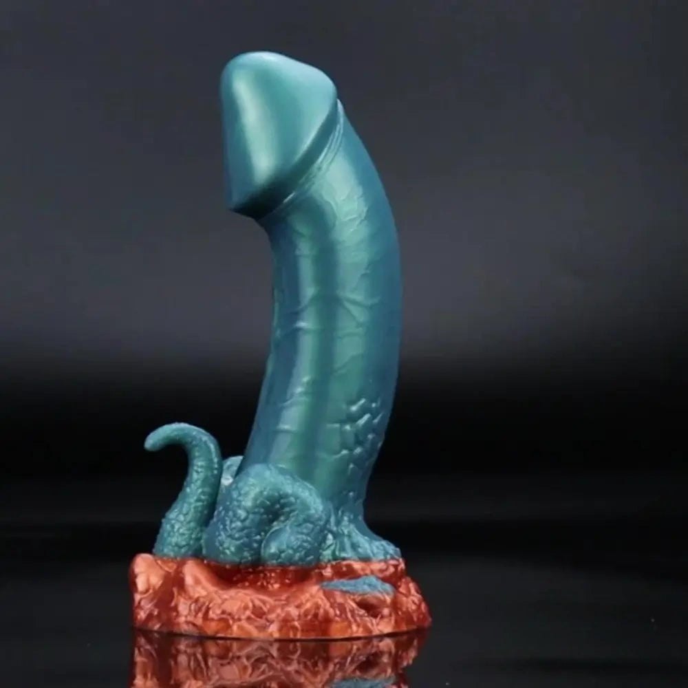 Teal blue scaled dragon fantasy dildo with orange base, photo 2