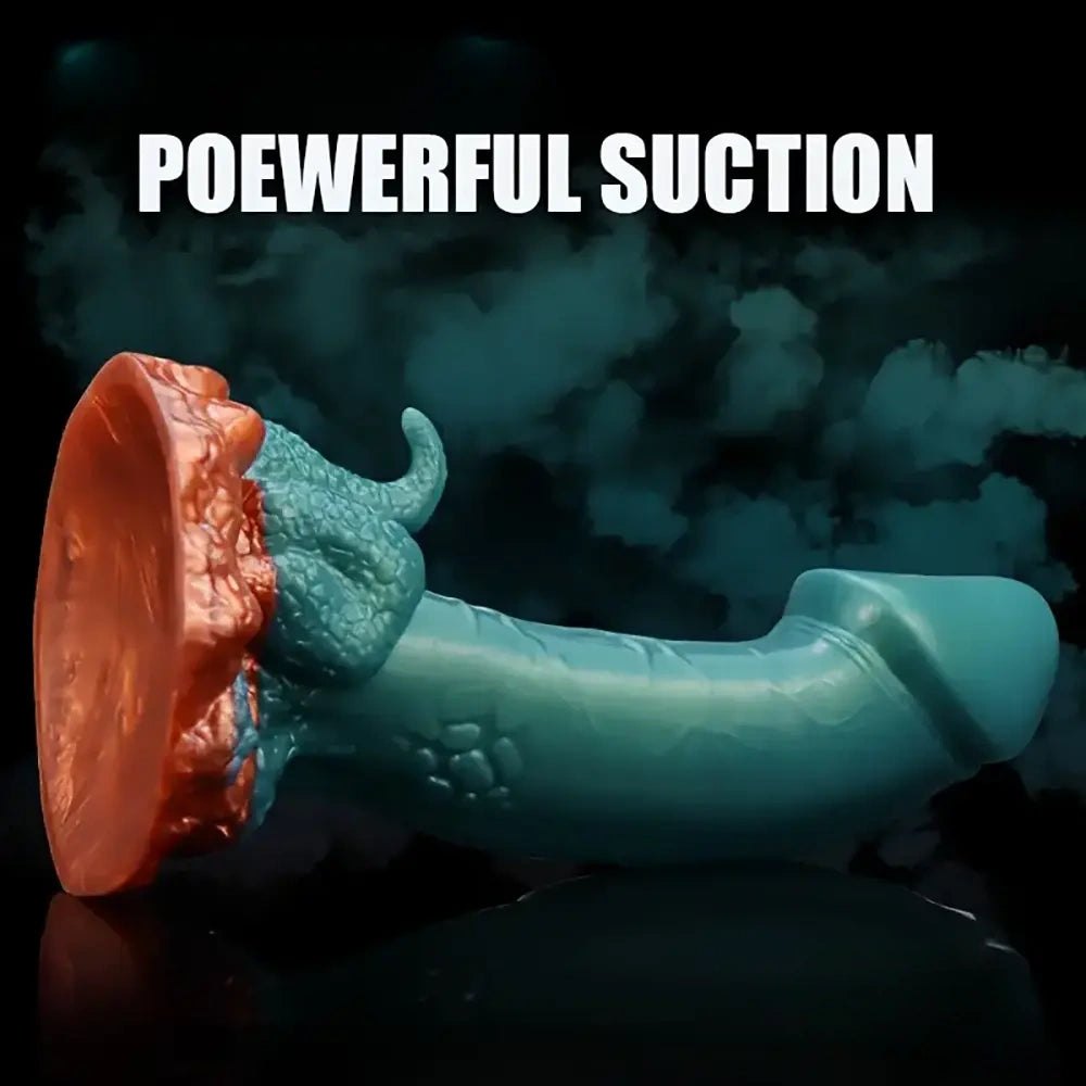 Teal blue scaled dragon fantasy dildo with orange base, photo 3