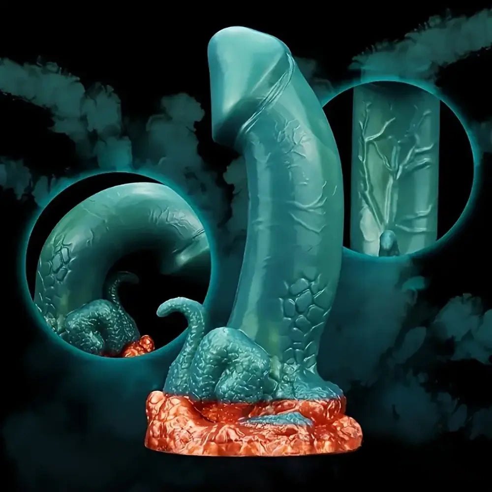 Teal blue scaled dragon fantasy dildo with orange base, photo 4