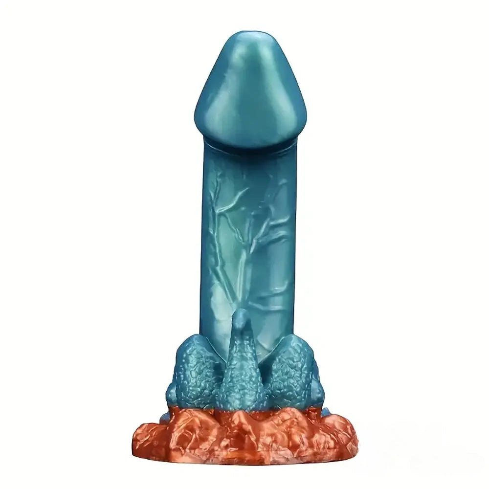 Teal blue scaled dragon fantasy dildo with orange base, photo 5