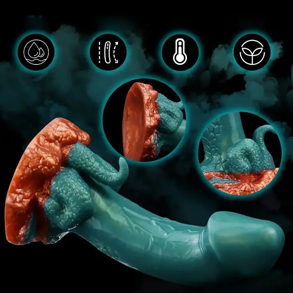 Teal blue scaled dragon fantasy dildo with orange base, photo 6