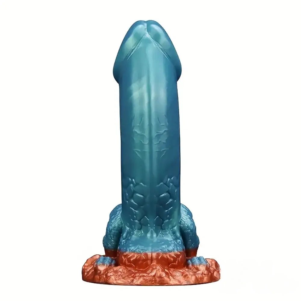Teal blue scaled dragon fantasy dildo with orange base, photo 7