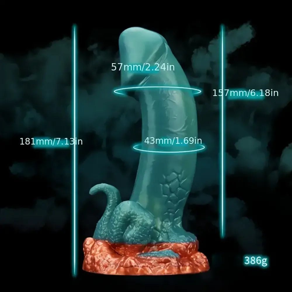 Teal blue scaled dragon fantasy dildo with orange base, photo 8