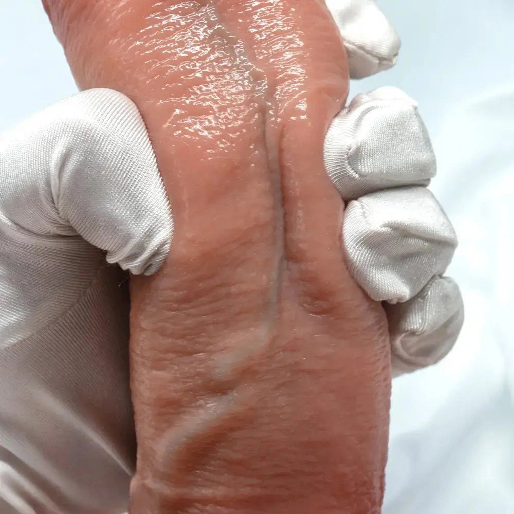 Flesh tone curved silicone strap-on dildo, photo 10
