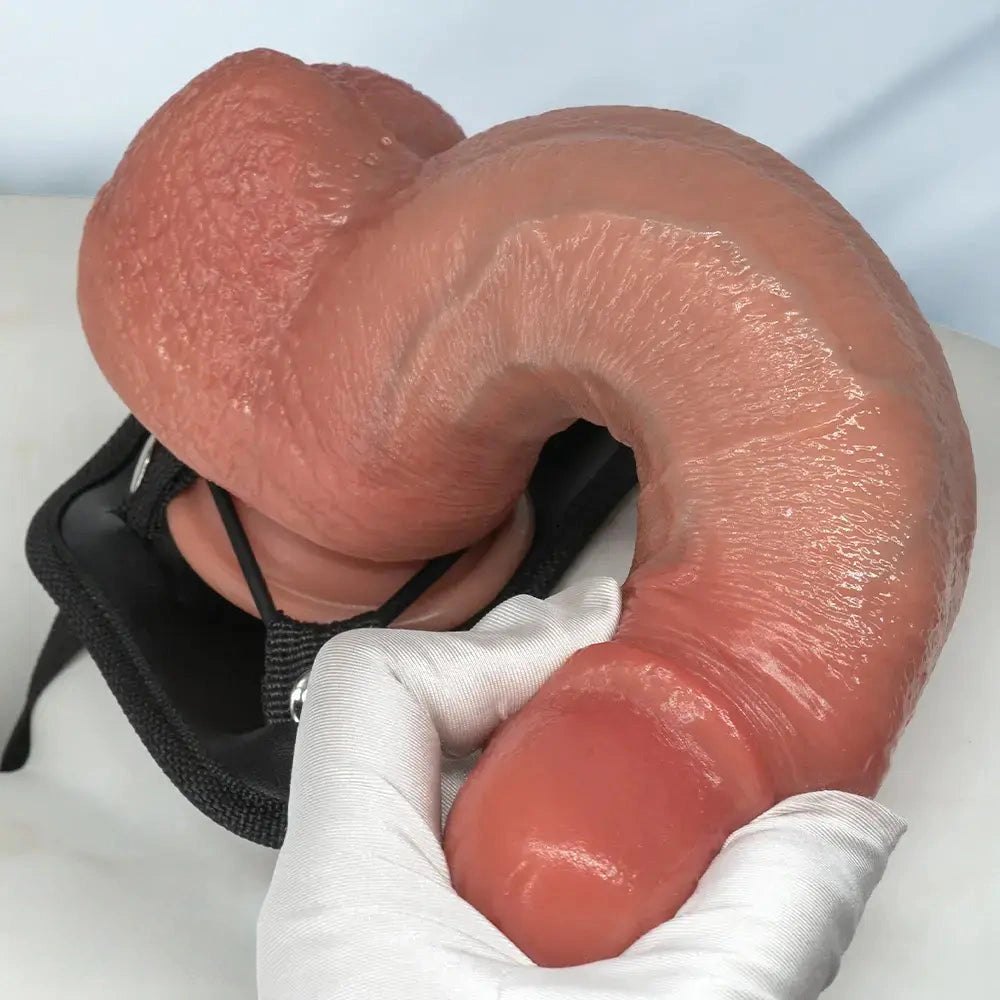 Flesh tone curved silicone strap-on dildo, photo 15