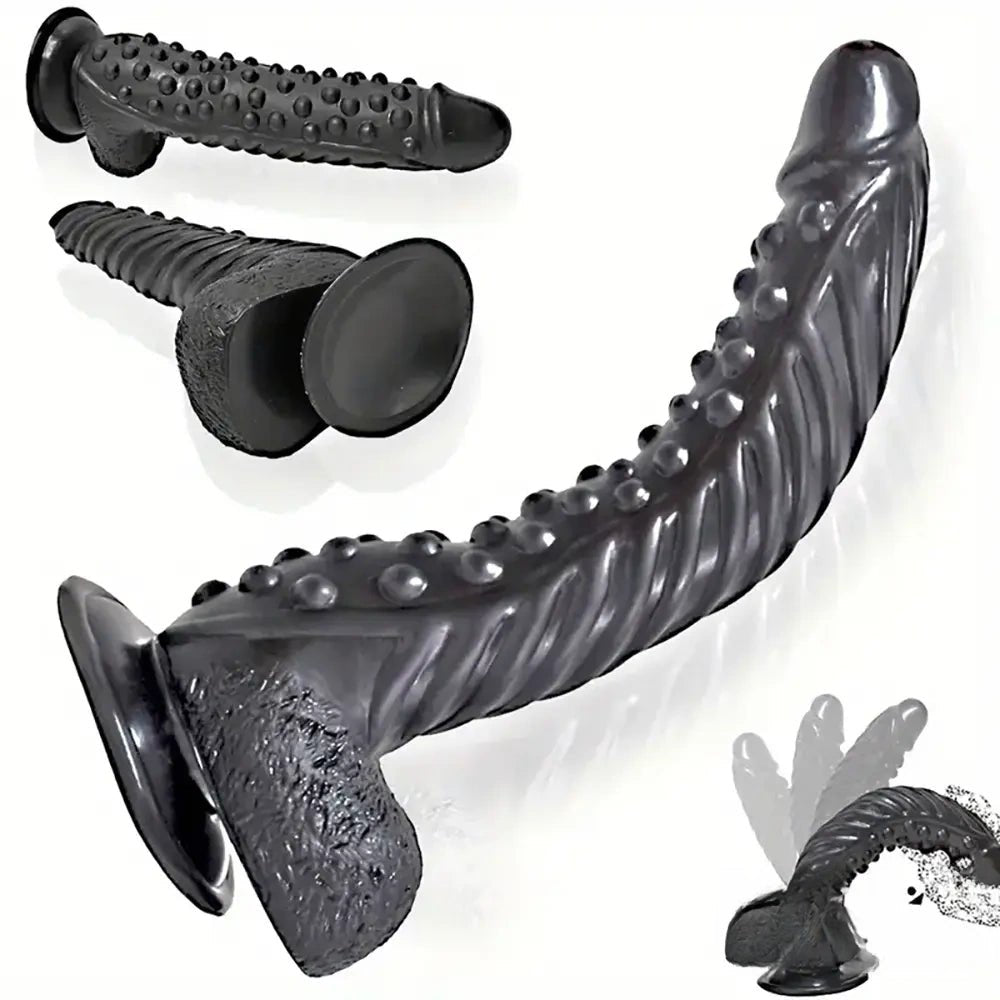 Black curved textured PVC dildo, photo 1