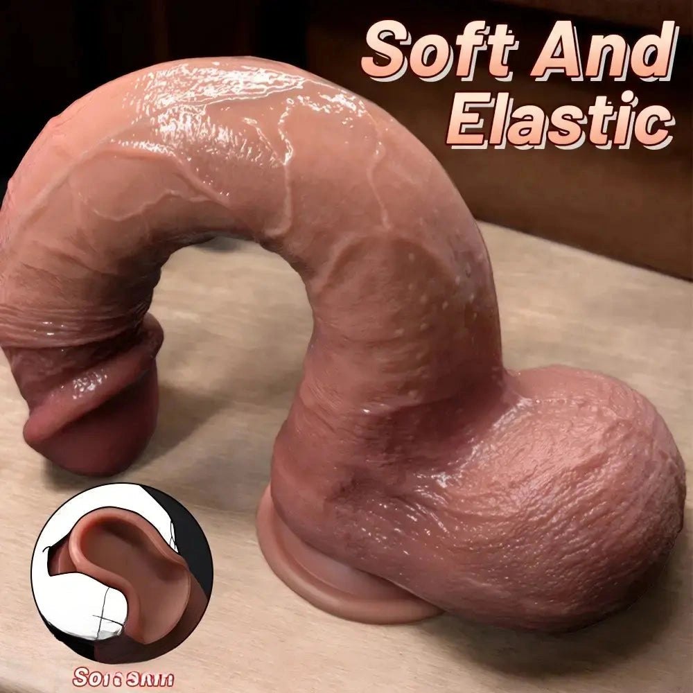 Curved wearable strap-on dildo with flared harness base, photo 6