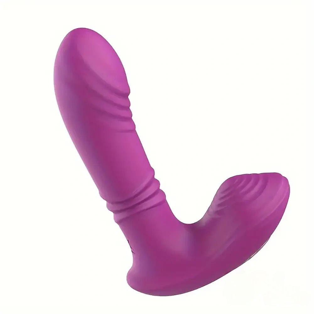 Purple curved wearable silicone vibrator with external stimulator arm