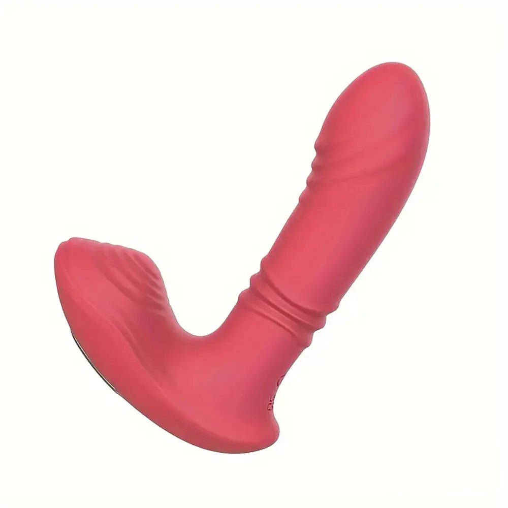 Red curved wearable silicone vibrator with external stimulator arm