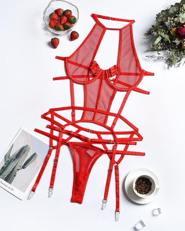 Red cutout curve embrace soft fabric lingerie