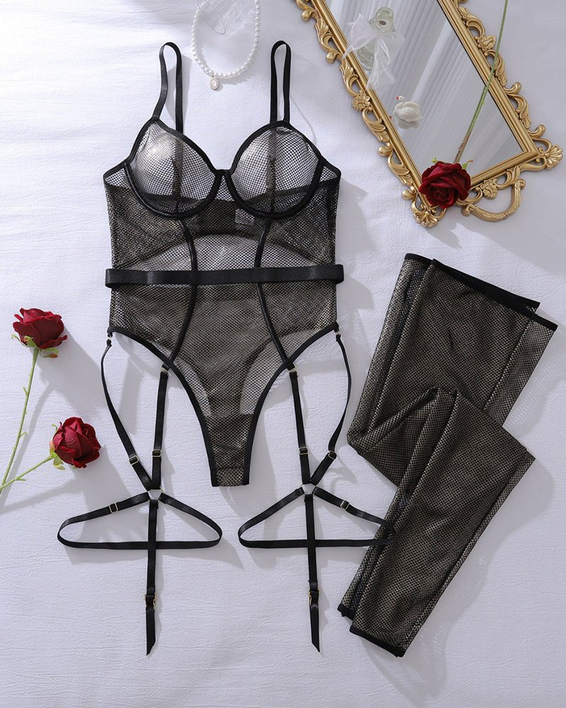Black Gold cutout fishnet bodysuit with stockings