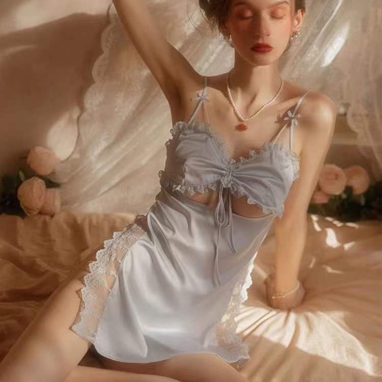 Blue cutout ice silk side split nightgown