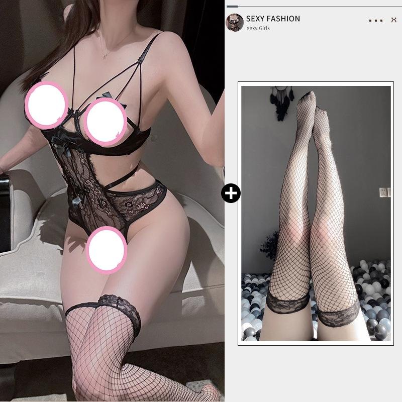 Black + Stocking cutout lace mesh sheer bodysuit