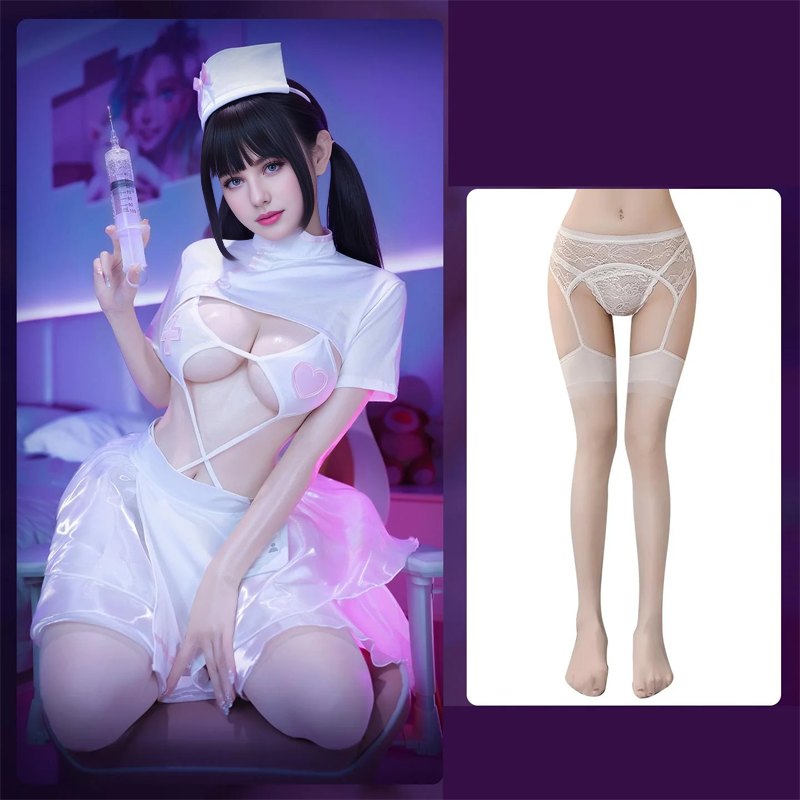 With White Silk Stockings cutout mesh nurse roleplay costume suit