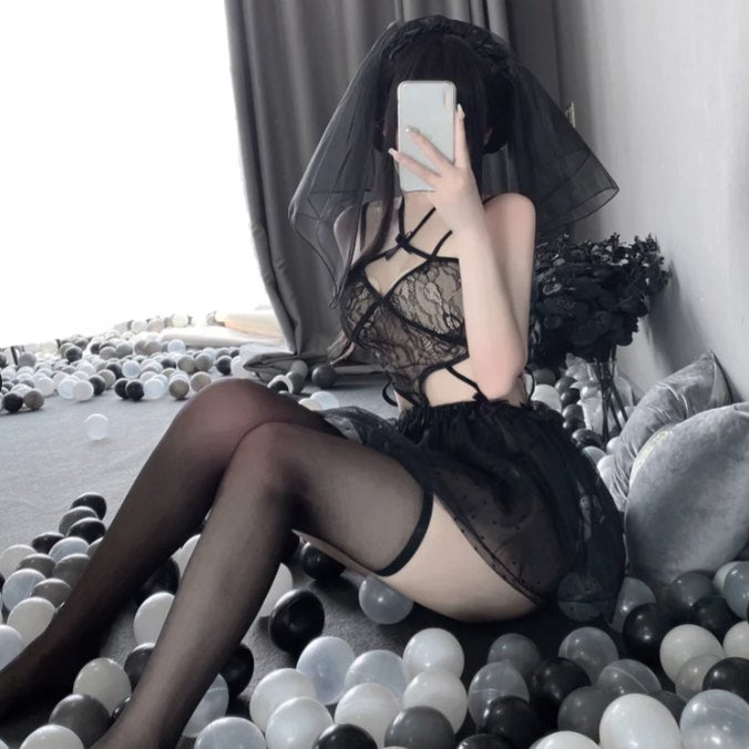 Black + Stockings cutout sheer lace bridal babydoll