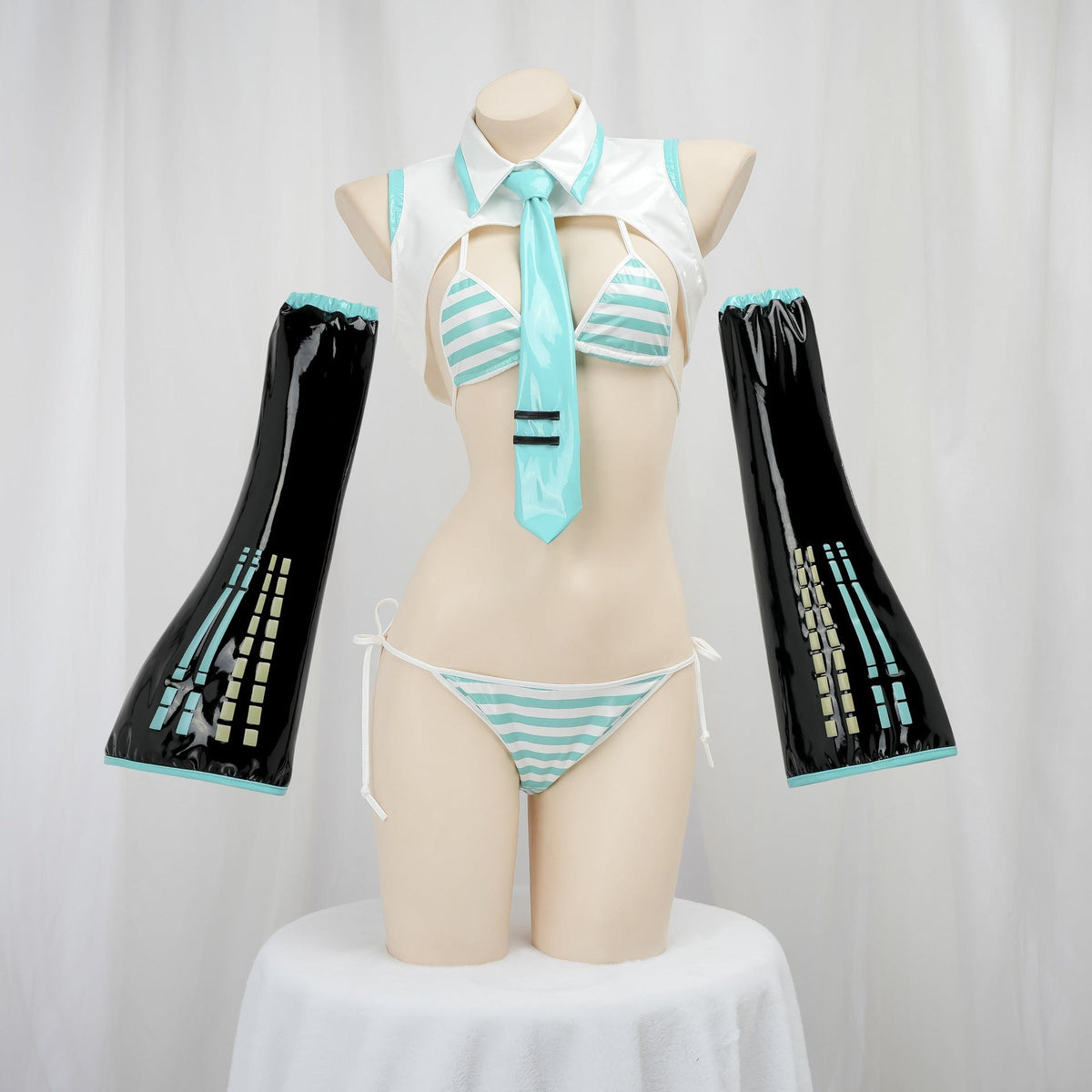 Cyan striped anime bikini cosplay set, photo 2