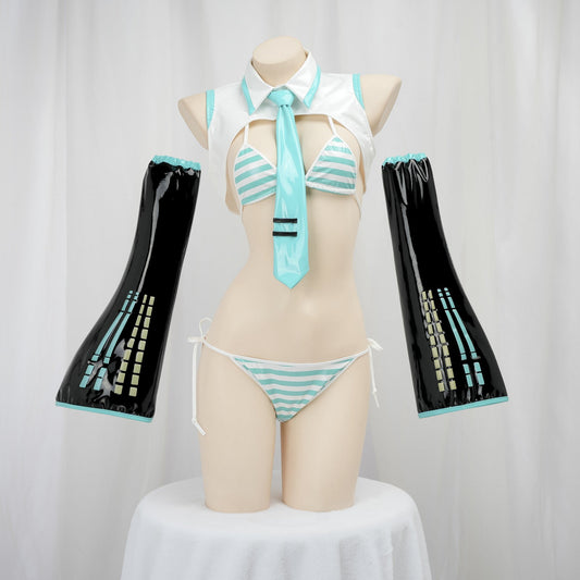 Cyan striped anime bikini cosplay set, photo 2