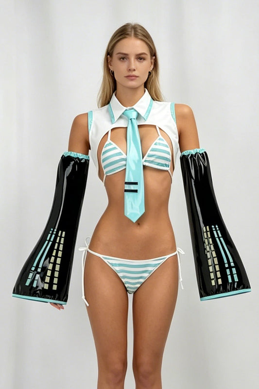 White cyan striped anime bikini cosplay set