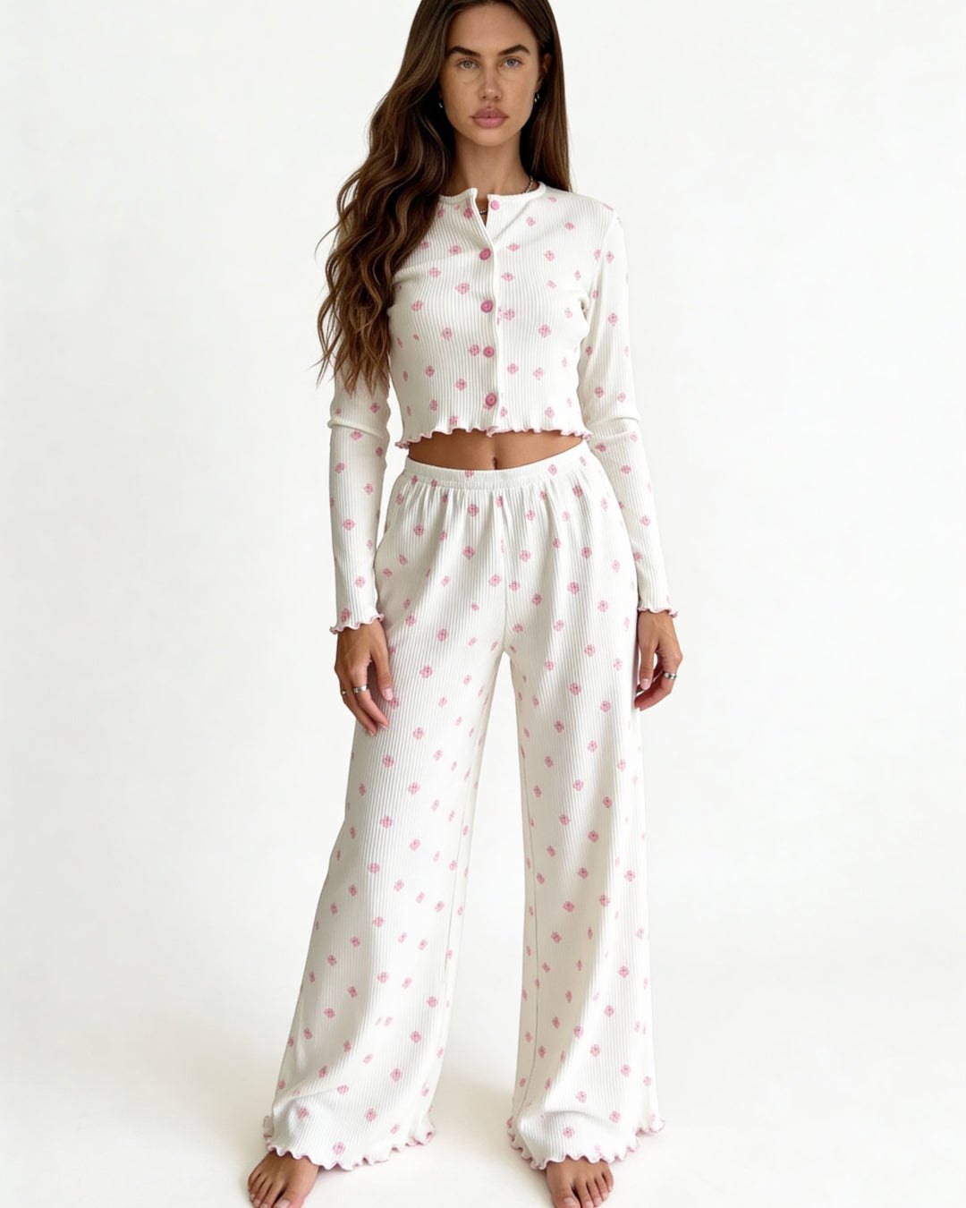 Ivory ribbed pajama set with pink floral print, photo 1