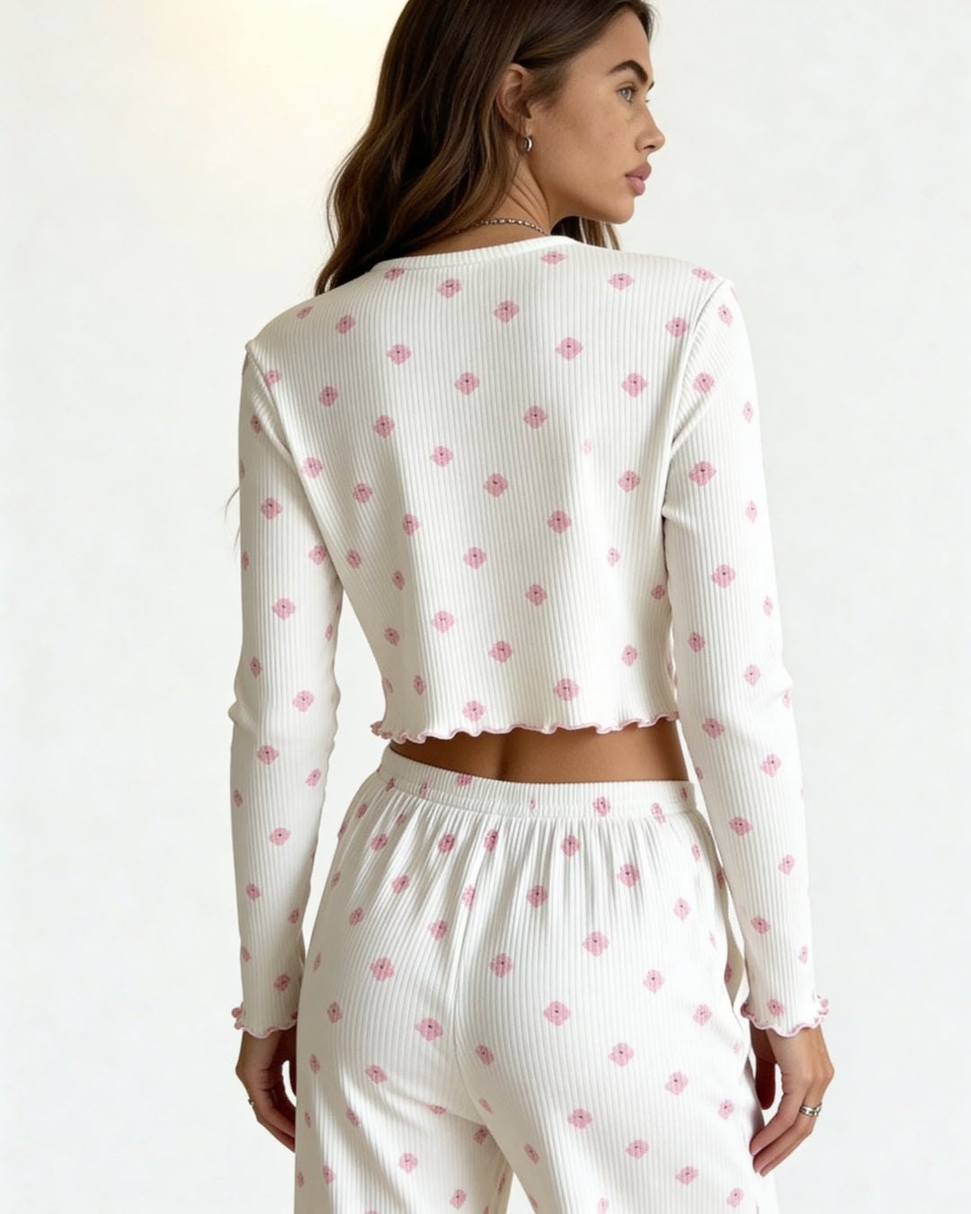 Ivory ribbed pajama set with pink floral print, photo 2