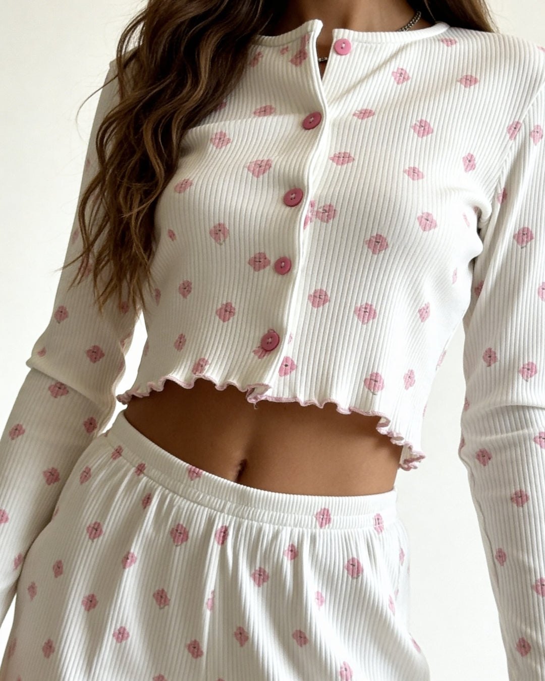 Ivory ribbed pajama set with pink floral print, photo 5