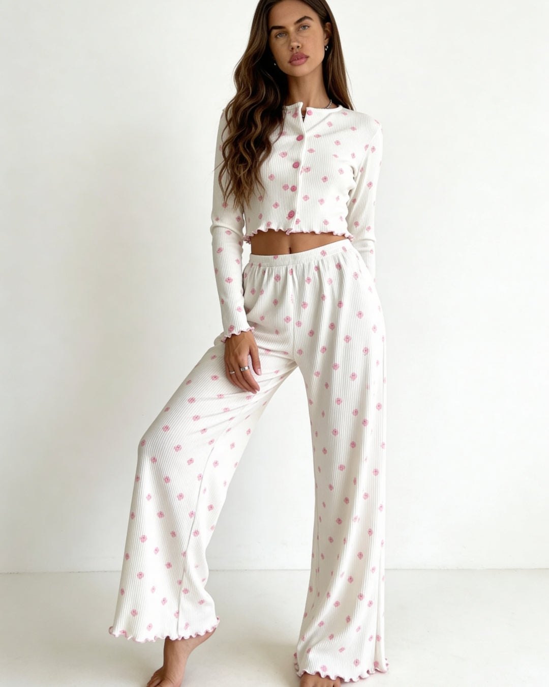 Ivory ribbed pajama set with pink floral print, photo 6