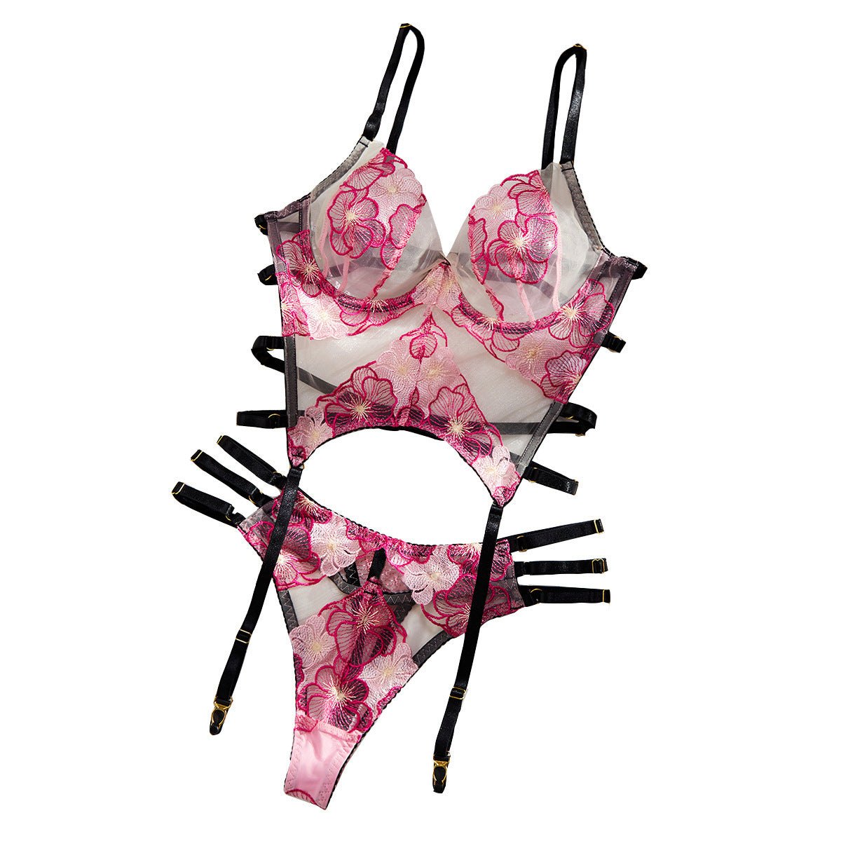 Deep v floral embroidered garter lingerie set, photo 5
