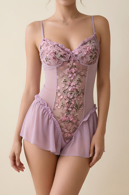 Purple deep v floral embroidered open crotch babydoll
