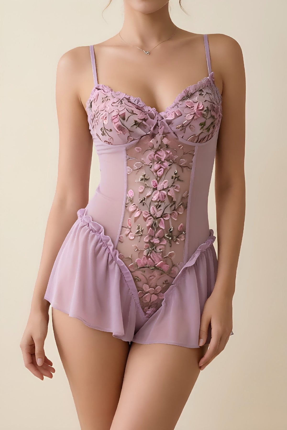 Purple deep v floral embroidered open crotch bodysuit