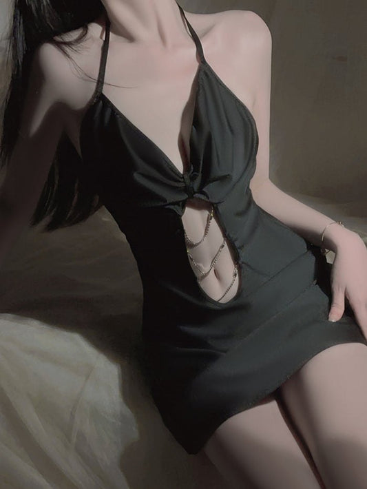 Black deep v halter chain satin nightdress